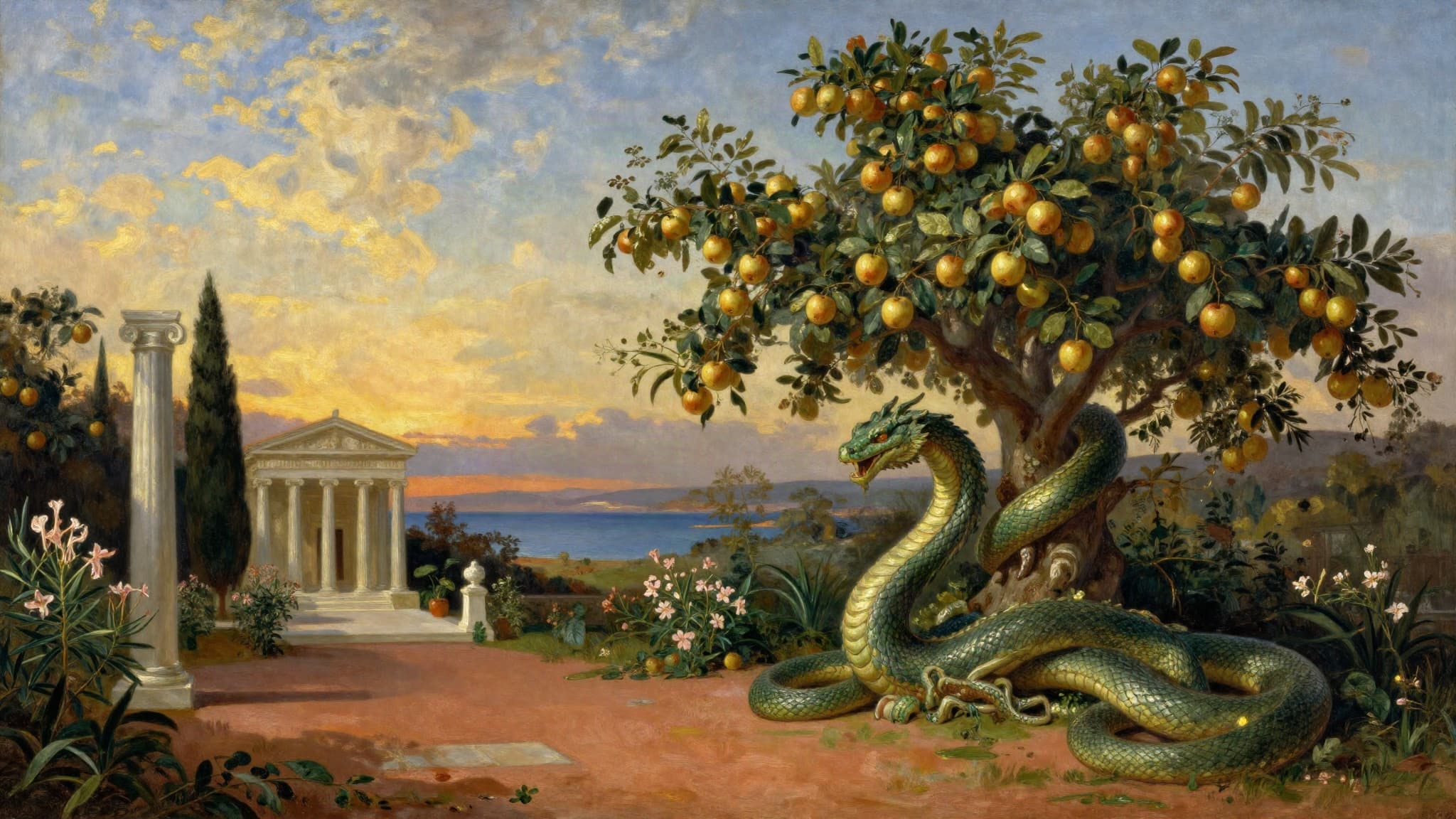 An oil painting of the Garden of the Hesperides at dusk: the serpent Ladon coiled beneath a tree of golden apples, a temple and the sea behind. Its lower edge breaks into pixels that fall away into darkness.